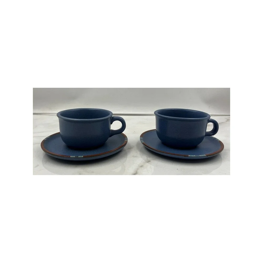 Dansk International Designs Blue Stoneware Tea Cup and Saucer Set of 2 Portugal